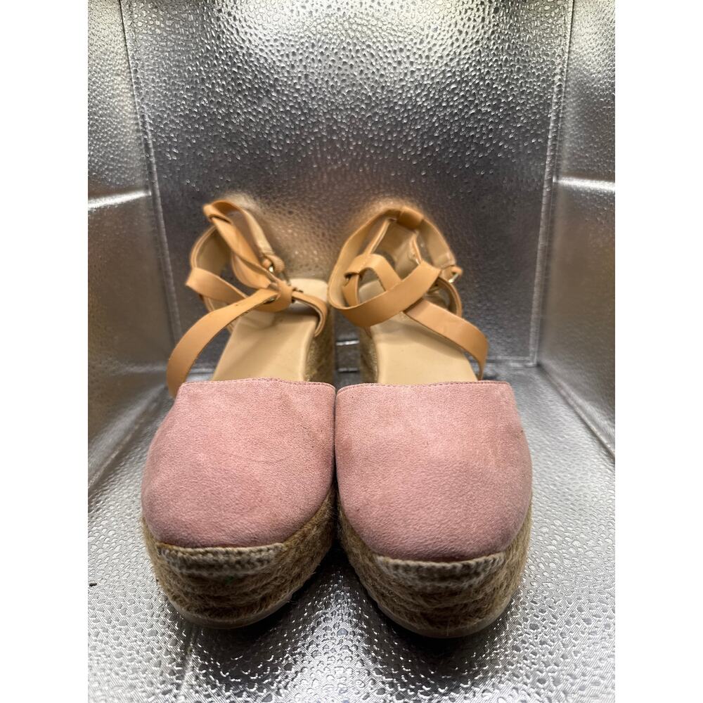Nine West Ariela Espadrille Wedge Sandals Pink Suede Tan Ankle Strap Size 8.5 - Picture 2 of 3